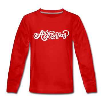 Arkansas Youth Long Sleeve Shirt - Hand Lettered Youth Long Sleeve Arkansas Tee - red