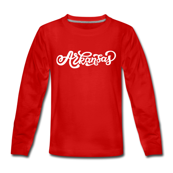 Arkansas Youth Long Sleeve Shirt - Hand Lettered Youth Long Sleeve Arkansas Tee - red