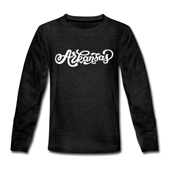 Arkansas Youth Long Sleeve Shirt - Hand Lettered Youth Long Sleeve Arkansas Tee - charcoal gray