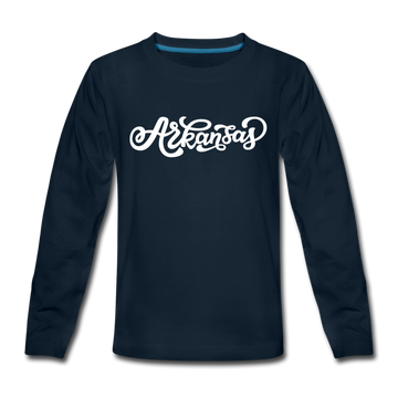 Arkansas Youth Long Sleeve Shirt - Hand Lettered Youth Long Sleeve Arkansas Tee - deep navy