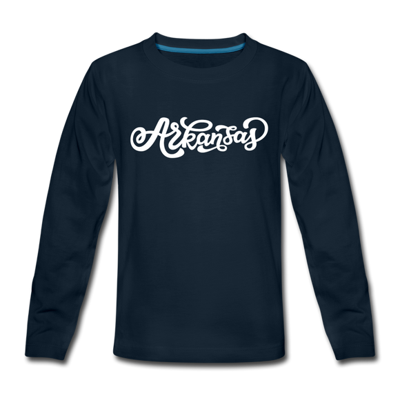Arkansas Youth Long Sleeve Shirt - Hand Lettered Youth Long Sleeve Arkansas Tee - deep navy