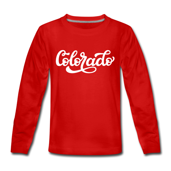 Colorado Youth Long Sleeve Shirt - Hand Lettered Youth Long Sleeve Colorado Tee - red