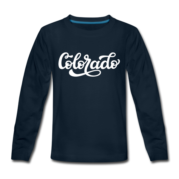 Colorado Youth Long Sleeve Shirt - Hand Lettered Youth Long Sleeve Colorado Tee - deep navy