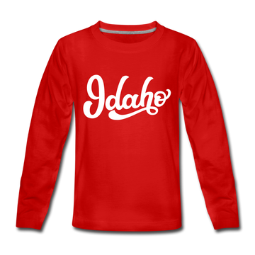 Idaho Youth Long Sleeve Shirt - Hand Lettered Youth Long Sleeve Idaho Tee - red