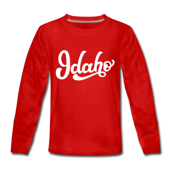 Idaho Youth Long Sleeve Shirt - Hand Lettered Youth Long Sleeve Idaho Tee - red