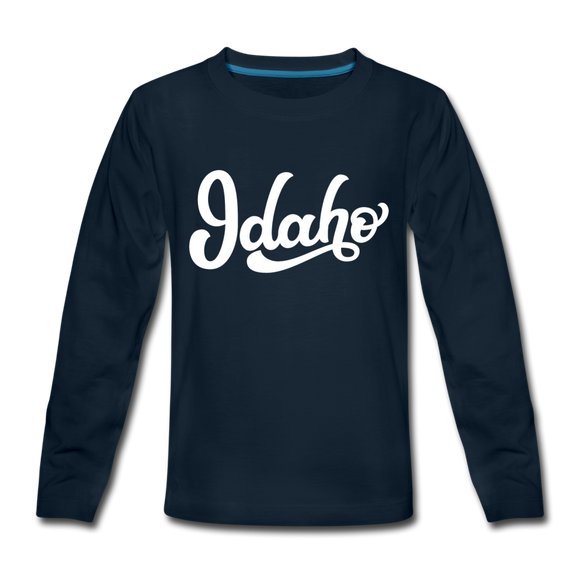 Idaho Youth Long Sleeve Shirt - Hand Lettered Youth Long Sleeve Idaho Tee - deep navy