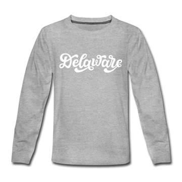 Delaware Youth Long Sleeve Shirt - Hand Lettered Youth Long Sleeve Delaware Tee - heather gray