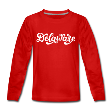 Delaware Youth Long Sleeve Shirt - Hand Lettered Youth Long Sleeve Delaware Tee - red