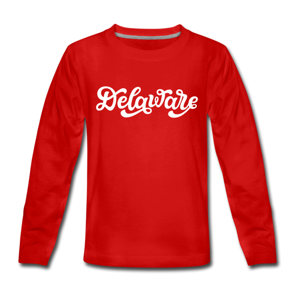 Delaware Youth Long Sleeve Shirt - Hand Lettered Youth Long Sleeve Delaware Tee - red