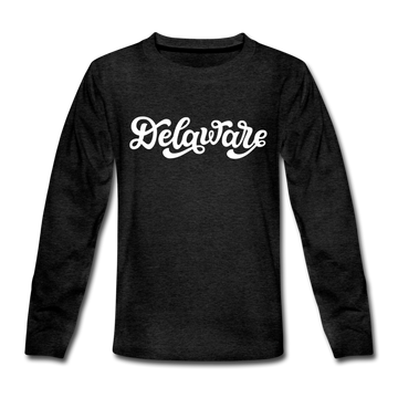 Delaware Youth Long Sleeve Shirt - Hand Lettered Youth Long Sleeve Delaware Tee - charcoal gray
