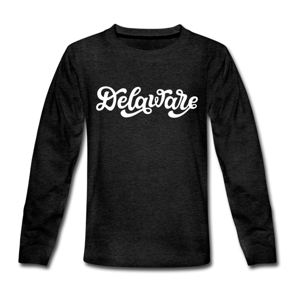Delaware Youth Long Sleeve Shirt - Hand Lettered Youth Long Sleeve Delaware Tee - charcoal gray