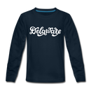 Delaware Youth Long Sleeve Shirt - Hand Lettered Youth Long Sleeve Delaware Tee - deep navy