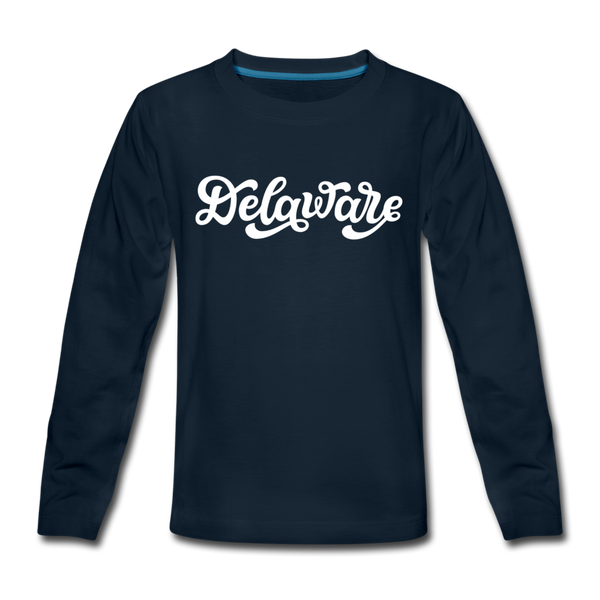 Delaware Youth Long Sleeve Shirt - Hand Lettered Youth Long Sleeve Delaware Tee - deep navy