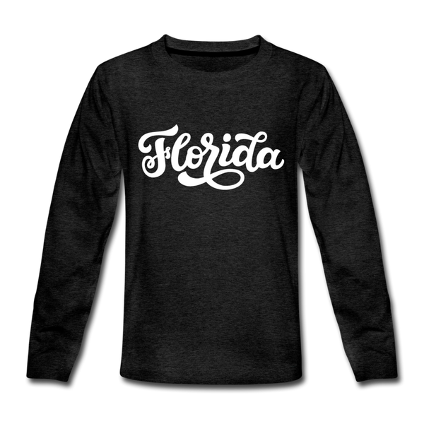 Florida Youth Long Sleeve Shirt - Hand Lettered Youth Long Sleeve Florida Tee - charcoal gray