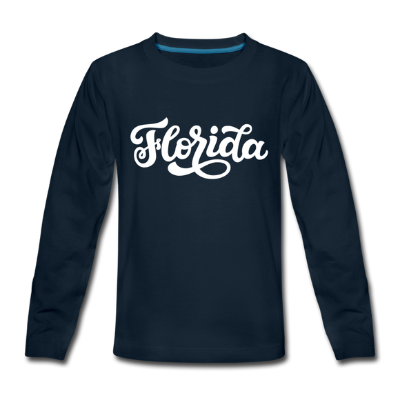 Florida Youth Long Sleeve Shirt - Hand Lettered Youth Long Sleeve Florida Tee - deep navy