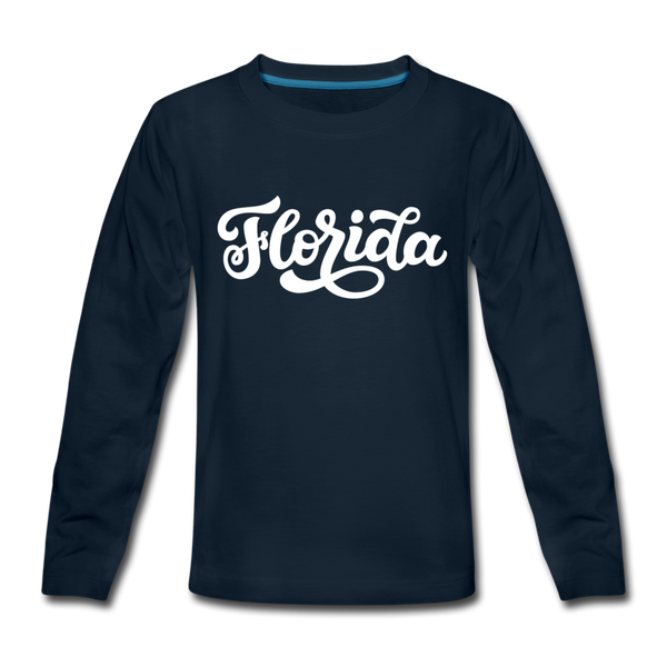 Florida Youth Long Sleeve Shirt - Hand Lettered Youth Long Sleeve Florida Tee - deep navy