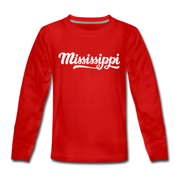 Mississippi Youth Long Sleeve Shirt - Hand Lettered Youth Long Sleeve Mississippi Tee - red