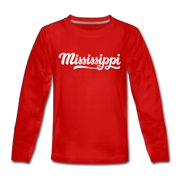 Mississippi Youth Long Sleeve Shirt - Hand Lettered Youth Long Sleeve Mississippi Tee - red