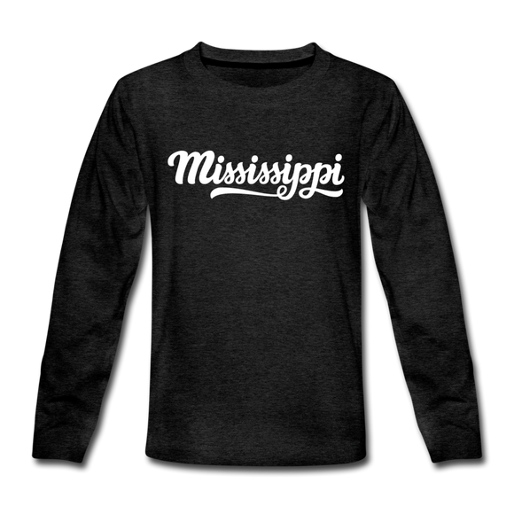Mississippi Youth Long Sleeve Shirt - Hand Lettered Youth Long Sleeve Mississippi Tee - charcoal gray