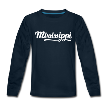 Mississippi Youth Long Sleeve Shirt - Hand Lettered Youth Long Sleeve Mississippi Tee - deep navy