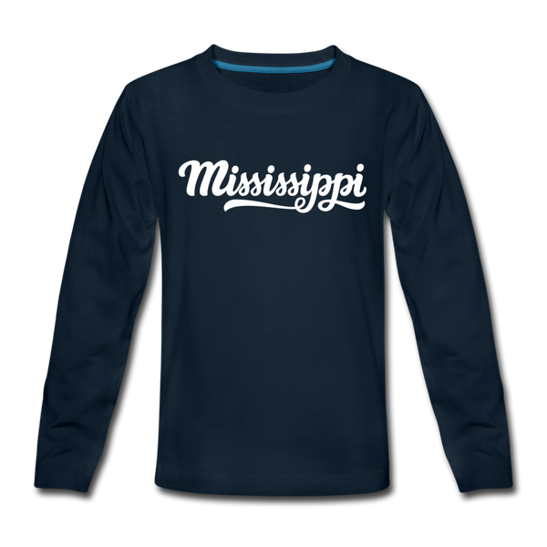 Mississippi Youth Long Sleeve Shirt - Hand Lettered Youth Long Sleeve Mississippi Tee - deep navy