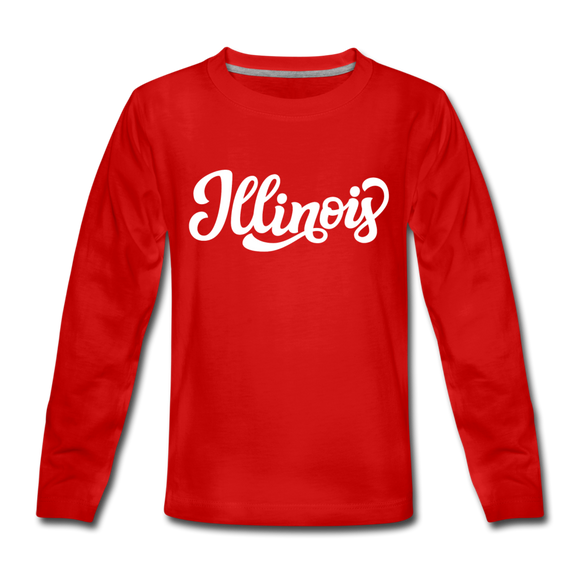 Illinois Youth Long Sleeve Shirt - Hand Lettered Youth Long Sleeve Illinois Tee - red