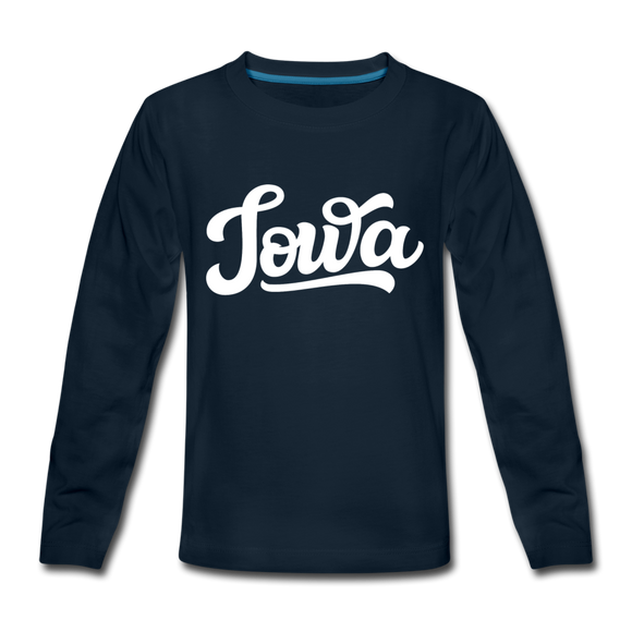 Iowa Youth Long Sleeve Shirt - Hand Lettered Youth Long Sleeve Iowa Tee - deep navy