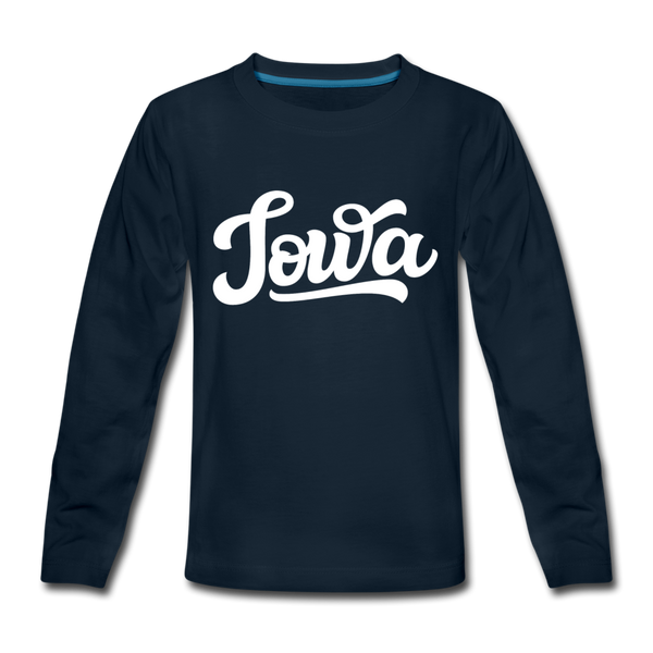 Iowa Youth Long Sleeve Shirt - Hand Lettered Youth Long Sleeve Iowa Tee - deep navy