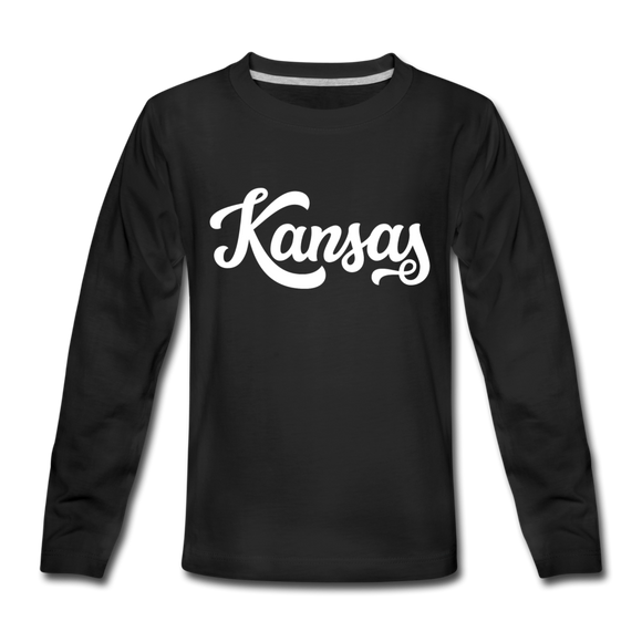 Kansas Youth Long Sleeve Shirt - Hand Lettered Youth Long Sleeve Kansas Tee - black