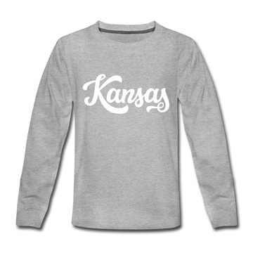 Kansas Youth Long Sleeve Shirt - Hand Lettered Youth Long Sleeve Kansas Tee - heather gray