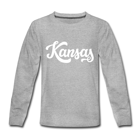 Kansas Youth Long Sleeve Shirt - Hand Lettered Youth Long Sleeve Kansas Tee - heather gray