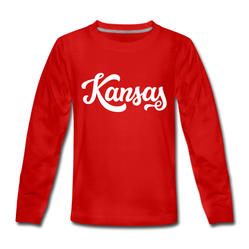 Kansas Youth Long Sleeve Shirt - Hand Lettered Youth Long Sleeve Kansas Tee - red