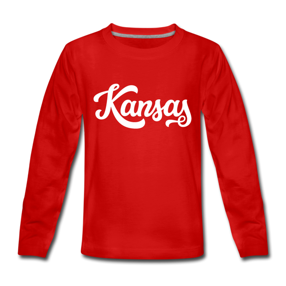 Kansas Youth Long Sleeve Shirt - Hand Lettered Youth Long Sleeve Kansas Tee - red