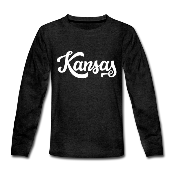 Kansas Youth Long Sleeve Shirt - Hand Lettered Youth Long Sleeve Kansas Tee - charcoal gray