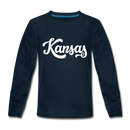 Kansas Youth Long Sleeve Shirt - Hand Lettered Youth Long Sleeve Kansas Tee - deep navy