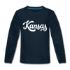 Kansas Youth Long Sleeve Shirt - Hand Lettered Youth Long Sleeve Kansas Tee - deep navy