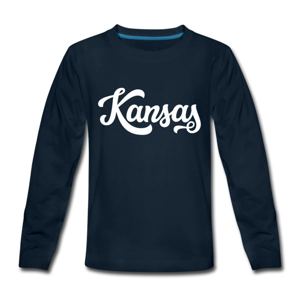 Kansas Youth Long Sleeve Shirt - Hand Lettered Youth Long Sleeve Kansas Tee - deep navy
