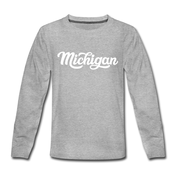 Michigan Youth Long Sleeve Shirt - Hand Lettered Youth Long Sleeve Michigan Tee - heather gray