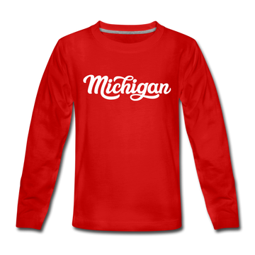 Michigan Youth Long Sleeve Shirt - Hand Lettered Youth Long Sleeve Michigan Tee - red