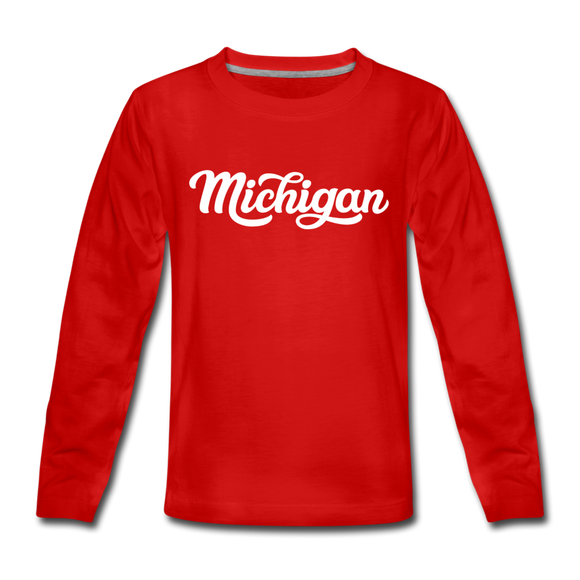 Michigan Youth Long Sleeve Shirt - Hand Lettered Youth Long Sleeve Michigan Tee - red