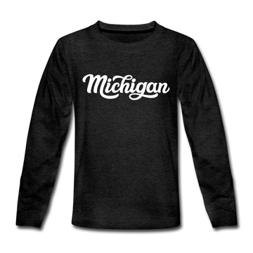Michigan Youth Long Sleeve Shirt - Hand Lettered Youth Long Sleeve Michigan Tee - charcoal gray
