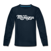 Michigan Youth Long Sleeve Shirt - Hand Lettered Youth Long Sleeve Michigan Tee - deep navy