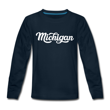 Michigan Youth Long Sleeve Shirt - Hand Lettered Youth Long Sleeve Michigan Tee - deep navy