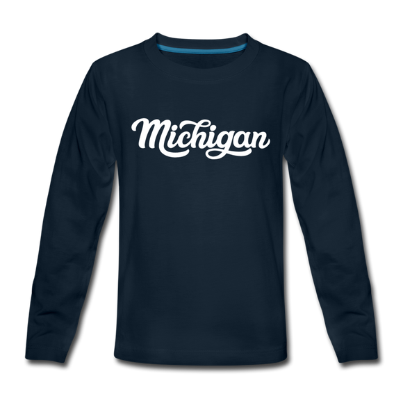 Michigan Youth Long Sleeve Shirt - Hand Lettered Youth Long Sleeve Michigan Tee - deep navy