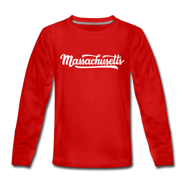 Massachusetts Youth Long Sleeve Shirt - Hand Lettered Youth Long Sleeve Massachusetts Tee - red