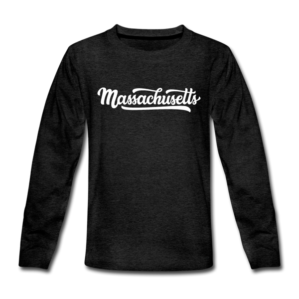 Massachusetts Youth Long Sleeve Shirt - Hand Lettered Youth Long Sleeve Massachusetts Tee - charcoal gray