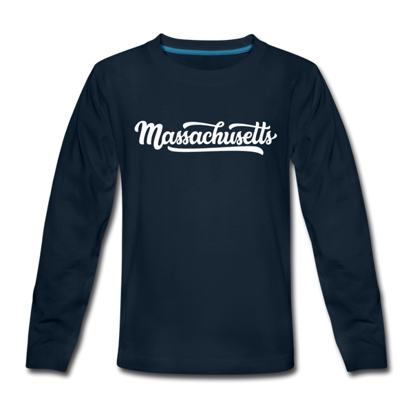 Massachusetts Youth Long Sleeve Shirt - Hand Lettered Youth Long Sleeve Massachusetts Tee - deep navy