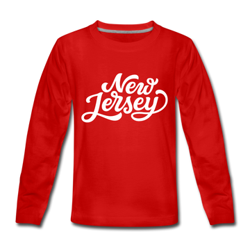 New Jersey Youth Long Sleeve Shirt - Hand Lettered Youth Long Sleeve New Jersey Tee - red