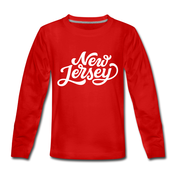 New Jersey Youth Long Sleeve Shirt - Hand Lettered Youth Long Sleeve New Jersey Tee - red