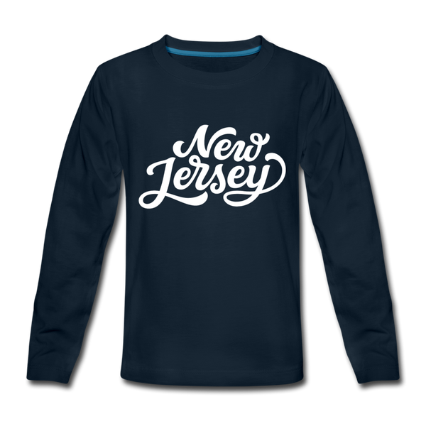New Jersey Youth Long Sleeve Shirt - Hand Lettered Youth Long Sleeve New Jersey Tee - deep navy
